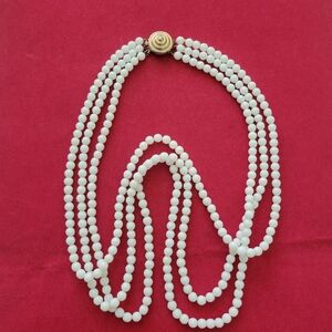 Vintage White Milk Glass 3 Strand Beaded Necklace Gold Tone MCM 20" Retro